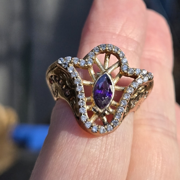 Avelon's Designs Jewelry - Amethyst & white Topaz Hamsa Sterling Bronze & Gold ring Sz8.5